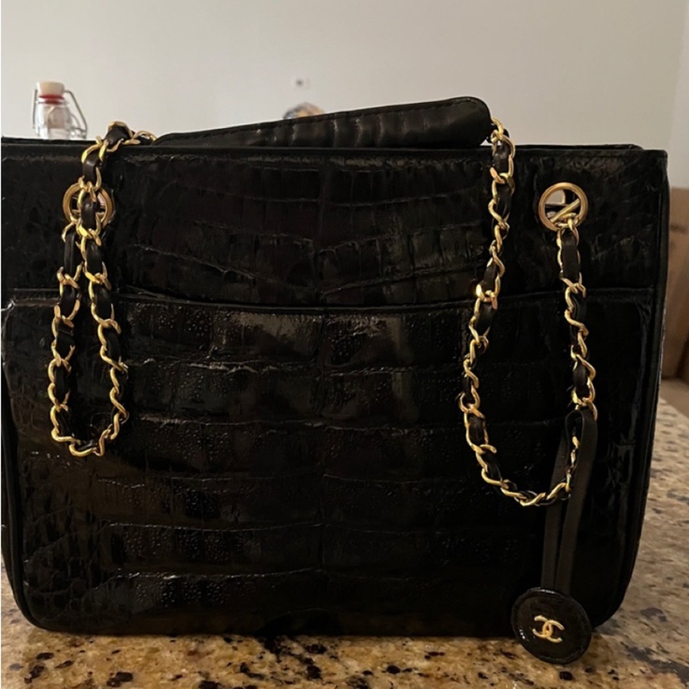 Genuine Black Crocodile Pattern Bag with Gold Chain. Excellent condition.